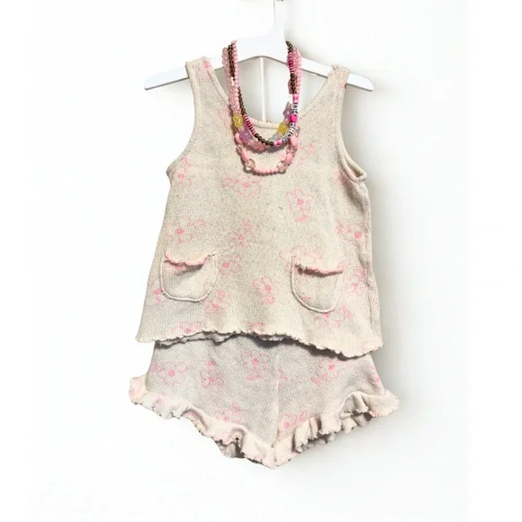 ZARA Girls 3β4Y Knit Floral Tank & Shorts Set Cream Pink Beach Lounge - Picture 1 of 5